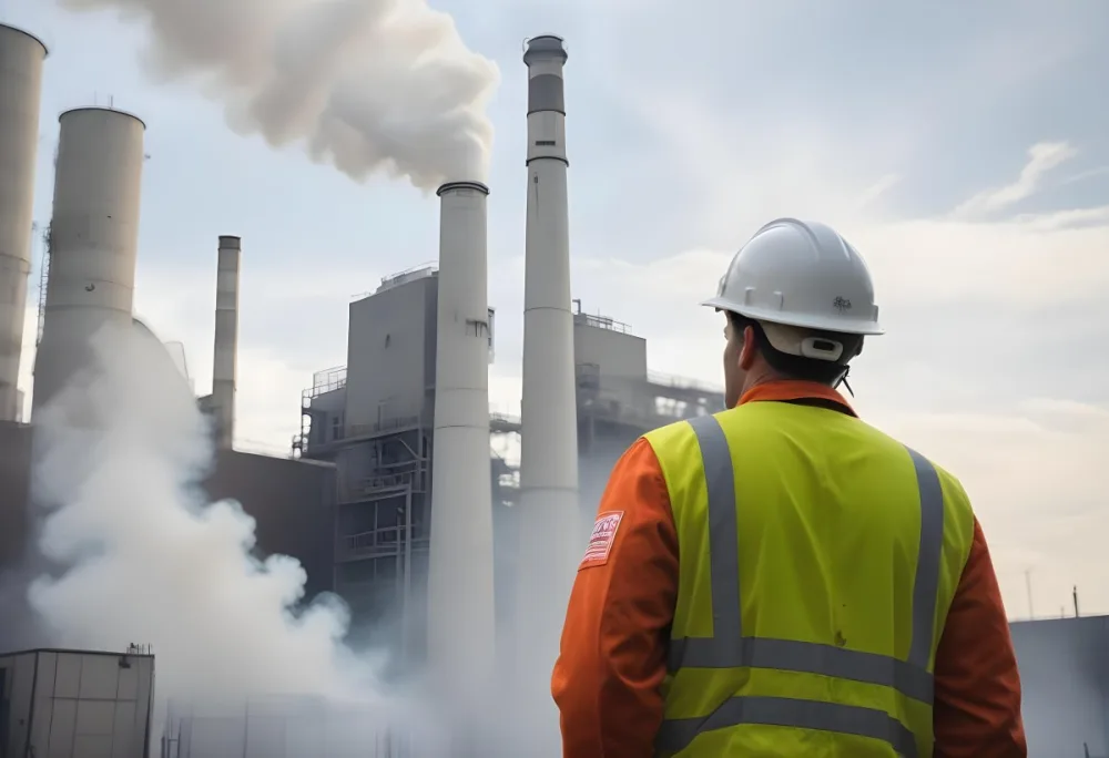 A White Man 40 Years Old With A White Helmet And White Uniform Looking At A Factory With Smoke Coming Out Of The Chimneys 2 6a18