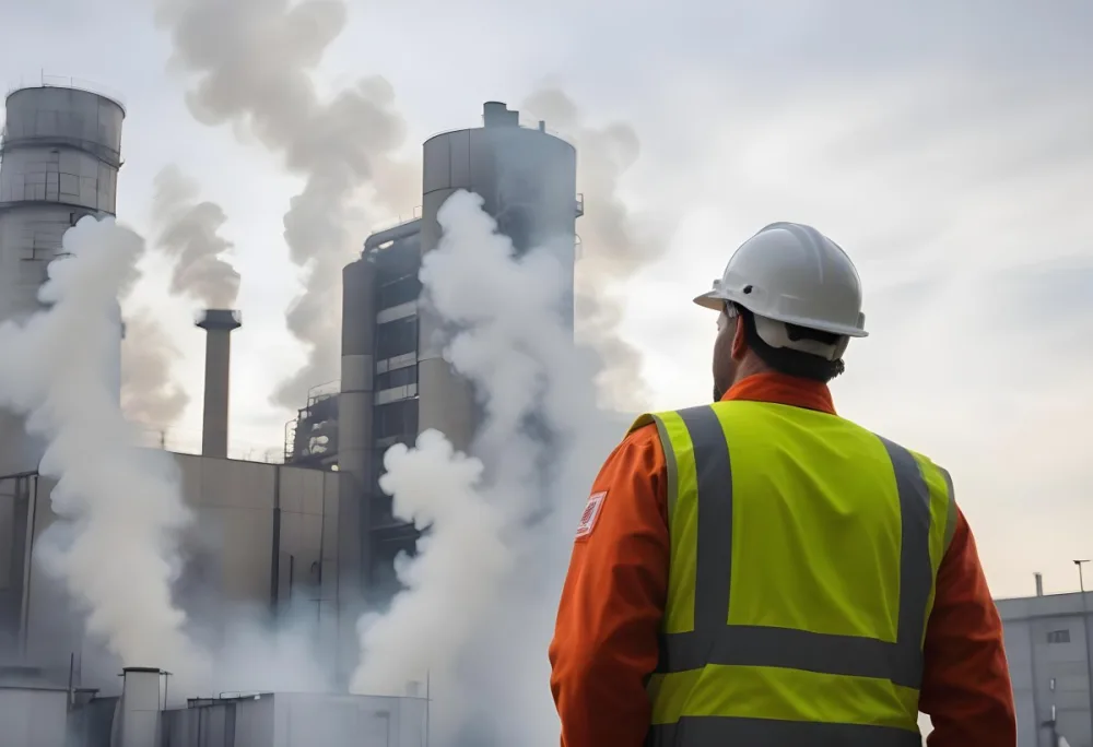 A White Man 40 Years Old With A White Helmet And White Uniform Looking At A Factory With Smoke Coming Out Of The Chimneys 20 8bfe