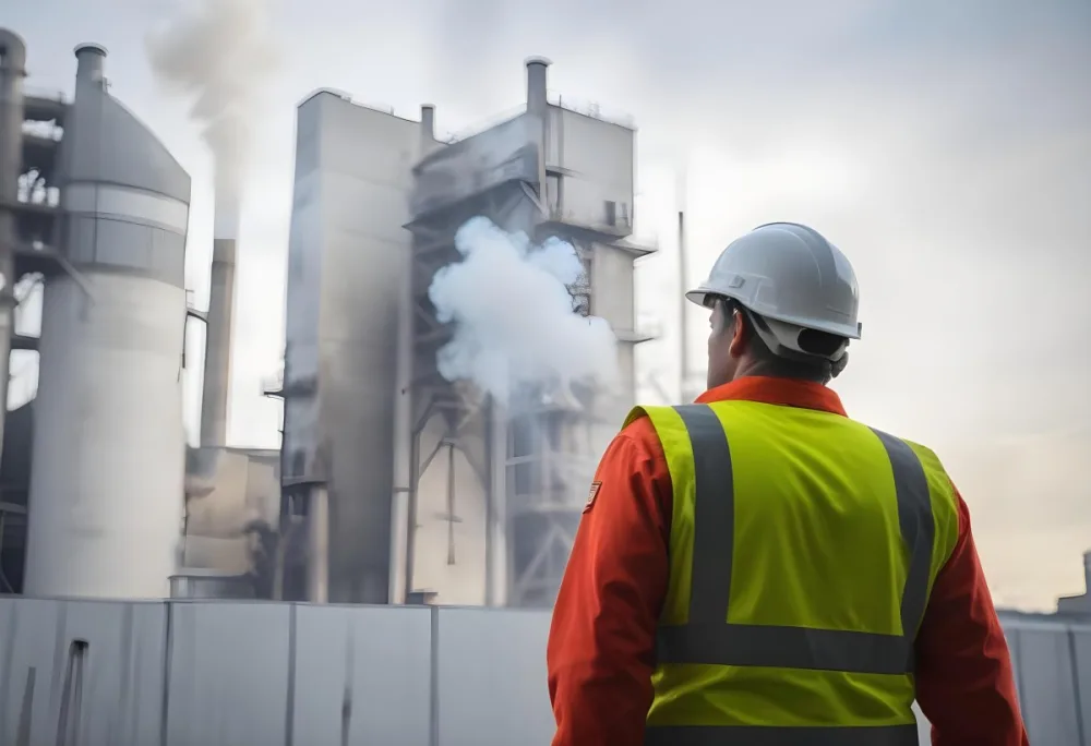 A White Man 40 Years Old With A White Helmet And White Uniform Looking At A Factory With Smoke Coming Out Of The Chimneys 25 289b