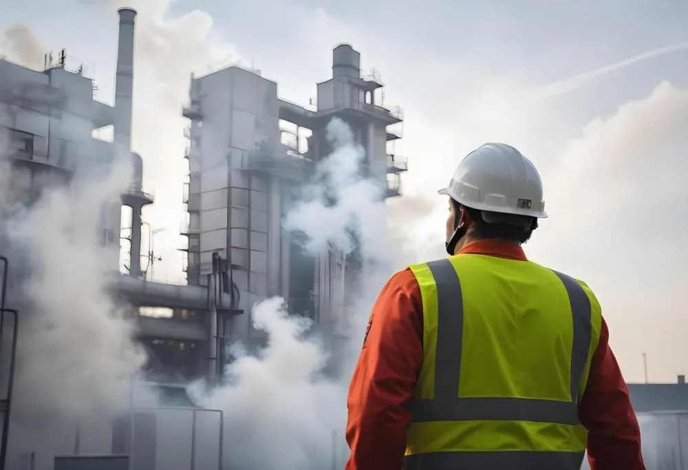 A White Man 40 Years Old With A White Helmet And White Uniform Looking At A Factory With Smoke Coming Out Of The Chimneys 27 638f