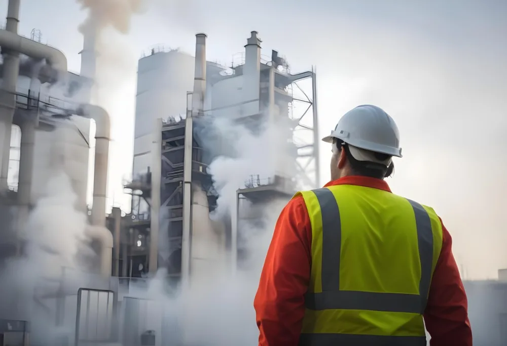 A White Man 40 Years Old With A White Helmet And White Uniform Looking At A Factory With Smoke Coming Out Of The Chimneys 28 3f2e