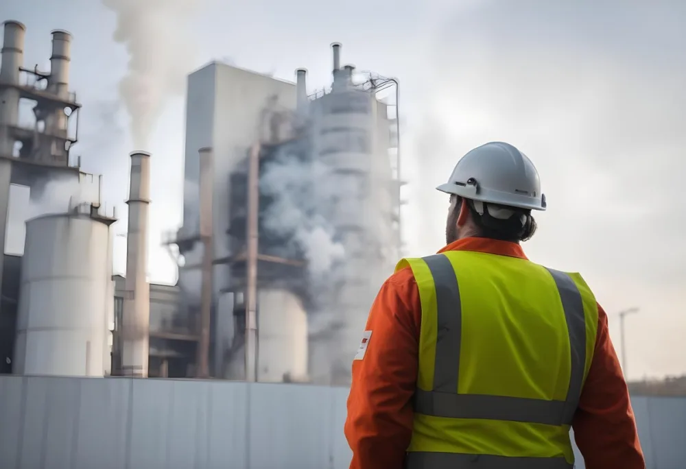 A White Man 40 Years Old With A White Helmet And White Uniform Looking At A Factory With Smoke Coming Out Of The Chimneys 29 1ee8