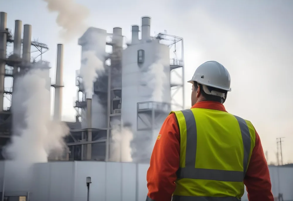A White Man 40 Years Old With A White Helmet And White Uniform Looking At A Factory With Smoke Coming Out Of The Chimneys 30 9e7b