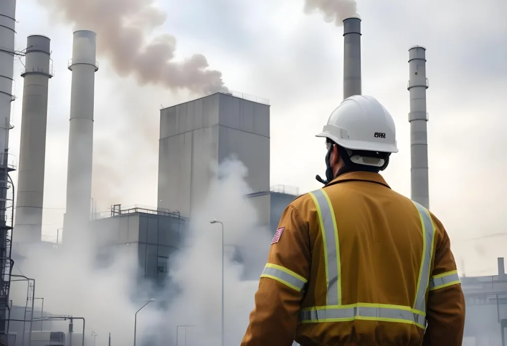 A White Man 40 Years Old With A White Helmet And White Uniform Looking At A Factory With Smoke Coming Out Of The Chimneys 4 Ac57