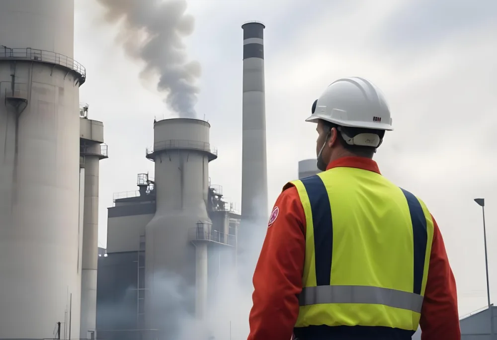 A White Man 40 Years Old With A White Helmet And White Uniform Looking At A Factory With Smoke Coming Out Of The Chimneys 5 3b25