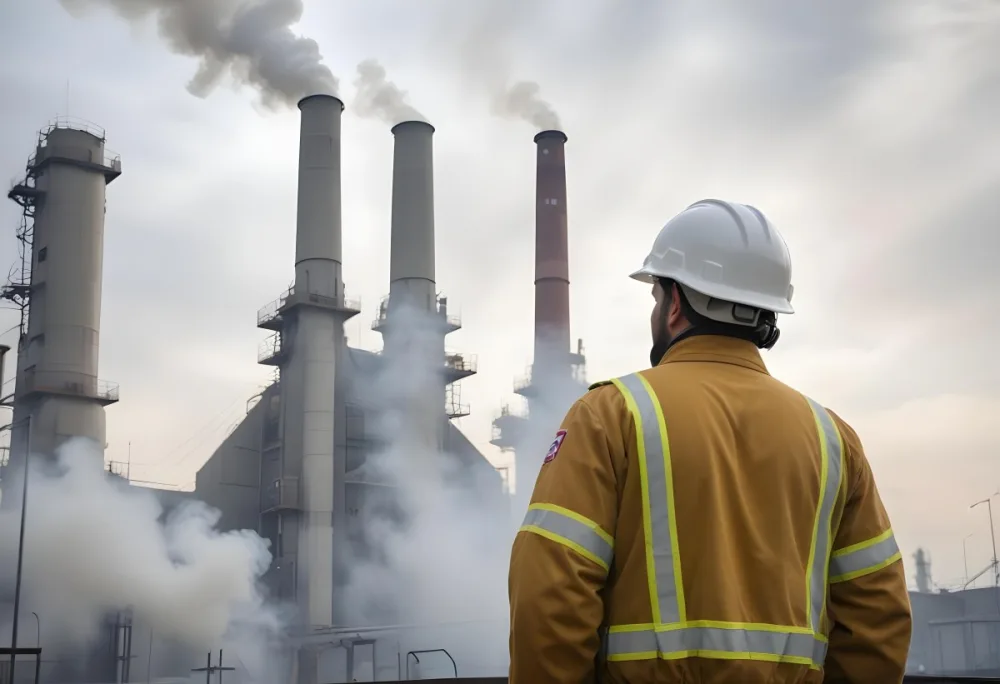 A White Man 40 Years Old With A White Helmet And White Uniform Looking At A Factory With Smoke Coming Out Of The Chimneys 6 Cf5e