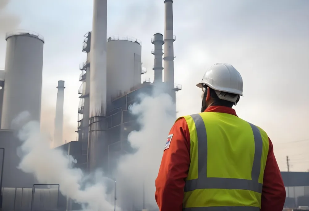 A White Man 40 Years Old With A White Helmet And White Uniform Looking At A Factory With Smoke Coming Out Of The Chimneys 7 016c
