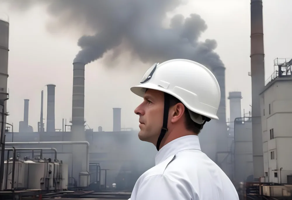 A White Man 40 Years Old With A White Helmet And White Uniform Looking At A Factory With Smoke Coming Out Of The Chimneys 8 60dd