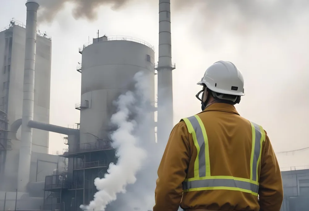 A White Man 40 Years Old With A White Helmet And White Uniform Looking At A Factory With Smoke Coming Out Of The Chimneys 9 7f50