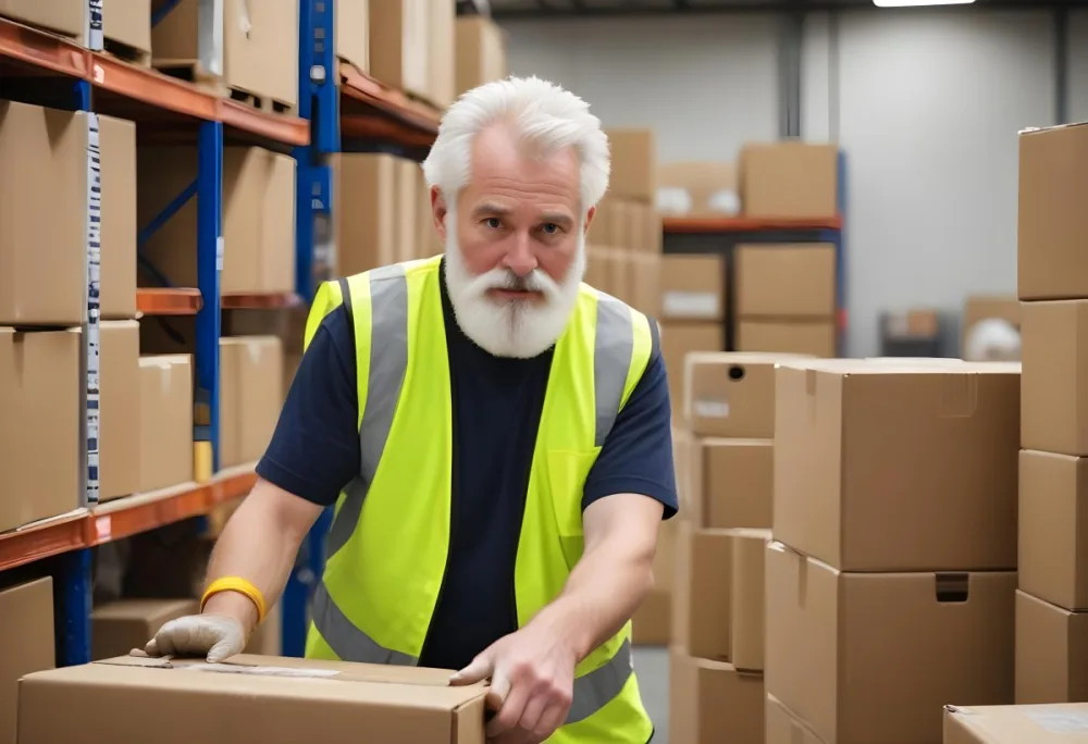 A White Man 55 Years Old White Hair And Beard Packing Boxes With A Tape Dispenser Wearing A Yellow Safety Vest In A Warehouse 11 533d