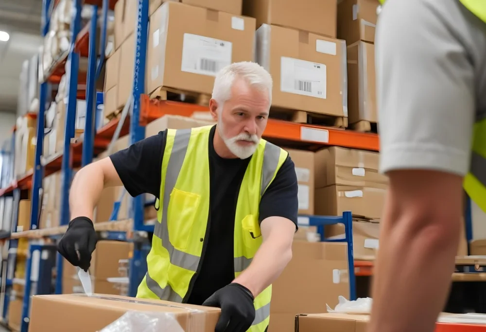 A White Man 55 Years Old White Hair And Beard Packing Boxes With A Tape Dispenser Wearing A Yellow Safety Vest In A Warehouse 14 76e1