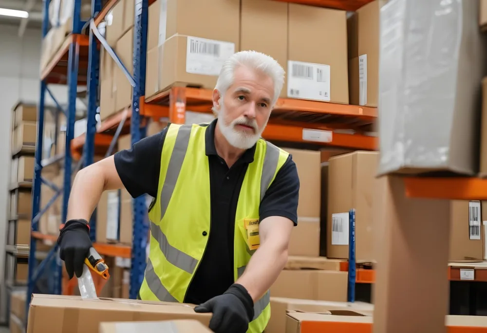 A White Man 55 Years Old White Hair And Beard Packing Boxes With A Tape Dispenser Wearing A Yellow Safety Vest In A Warehouse 15 2192