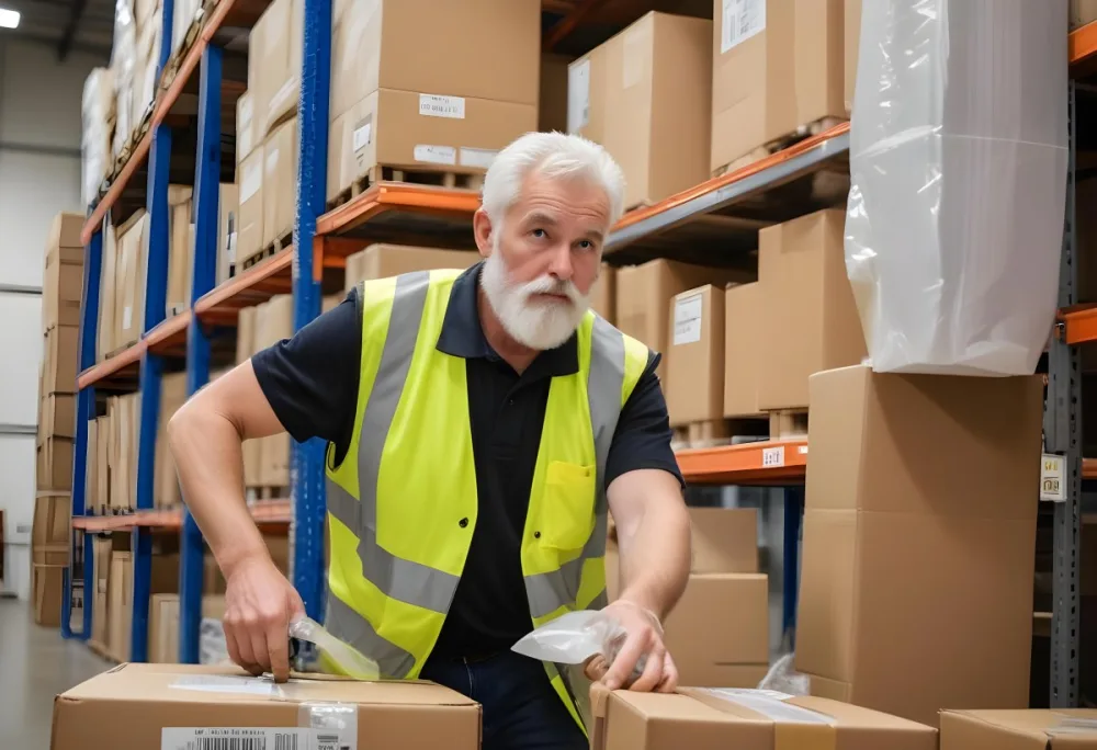 A White Man 55 Years Old White Hair And Beard Packing Boxes With A Tape Dispenser Wearing A Yellow Safety Vest In A Warehouse 17 9210