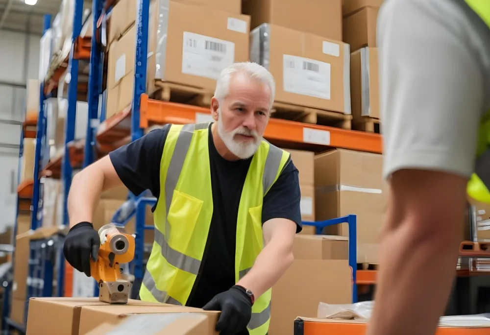 A White Man 55 Years Old White Hair And Beard Packing Boxes With A Tape Dispenser Wearing A Yellow Safety Vest In A Warehouse 18 5d2b