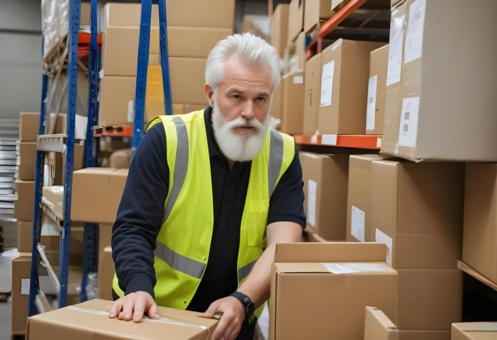 A White Man 55 Years Old White Hair And Beard Packing Boxes With A Tape Dispenser Wearing A Yellow Safety Vest In A Warehouse 2 6c39