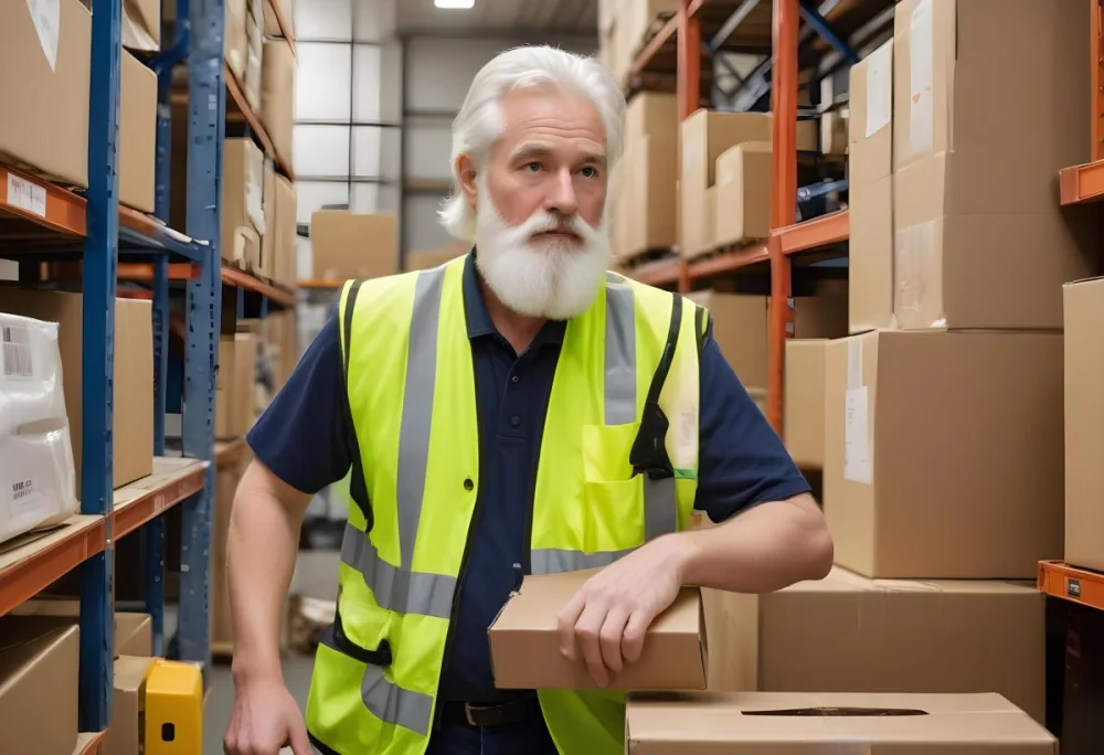 A White Man 55 Years Old White Hair And Beard Packing Boxes With A Tape Dispenser Wearing A Yellow Safety Vest In A Warehouse 3 D416