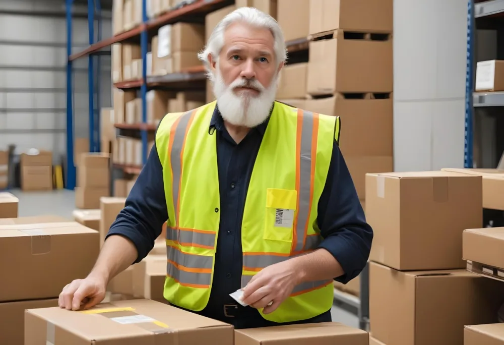 A White Man 55 Years Old White Hair And Beard Packing Boxes With A Tape Dispenser Wearing A Yellow Safety Vest In A Warehouse 6 50f9