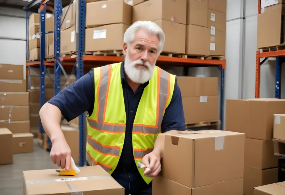 A White Man 55 Years Old White Hair And Beard Packing Boxes With A Tape Dispenser Wearing A Yellow Safety Vest In A Warehouse 7 D3e8
