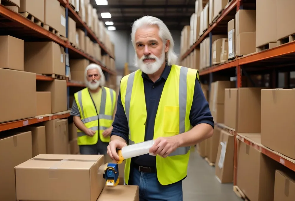 A White Man 55 Years Old White Hair And Beard Packing Boxes With A Tape Dispenser Wearing A Yellow Safety Vest In A Warehouse 8 41a7