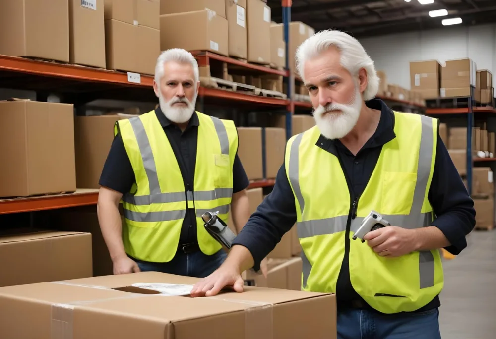 A White Man 55 Years Old White Hair And Beard Packing Boxes With A Tape Dispenser Wearing A Yellow Safety Vest In A Warehouse 9 2306