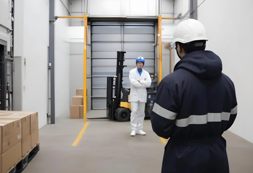 An Asian Man With A Blue Helmet And A White Coat In A Warehouse A Forklift With A Person Is In The Background 2 4a7d