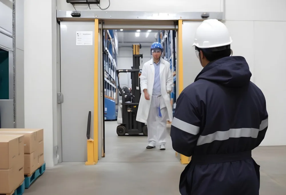 An Asian Man With A Blue Helmet And A White Coat In A Warehouse A Forklift With A Person Is In The Background 3 15b3