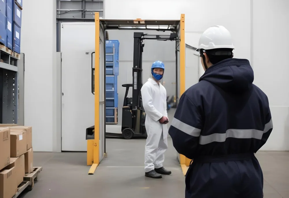 An Asian Man With A Blue Helmet And A White Coat In A Warehouse A Forklift With A Person Is In The Background 4 8e5a