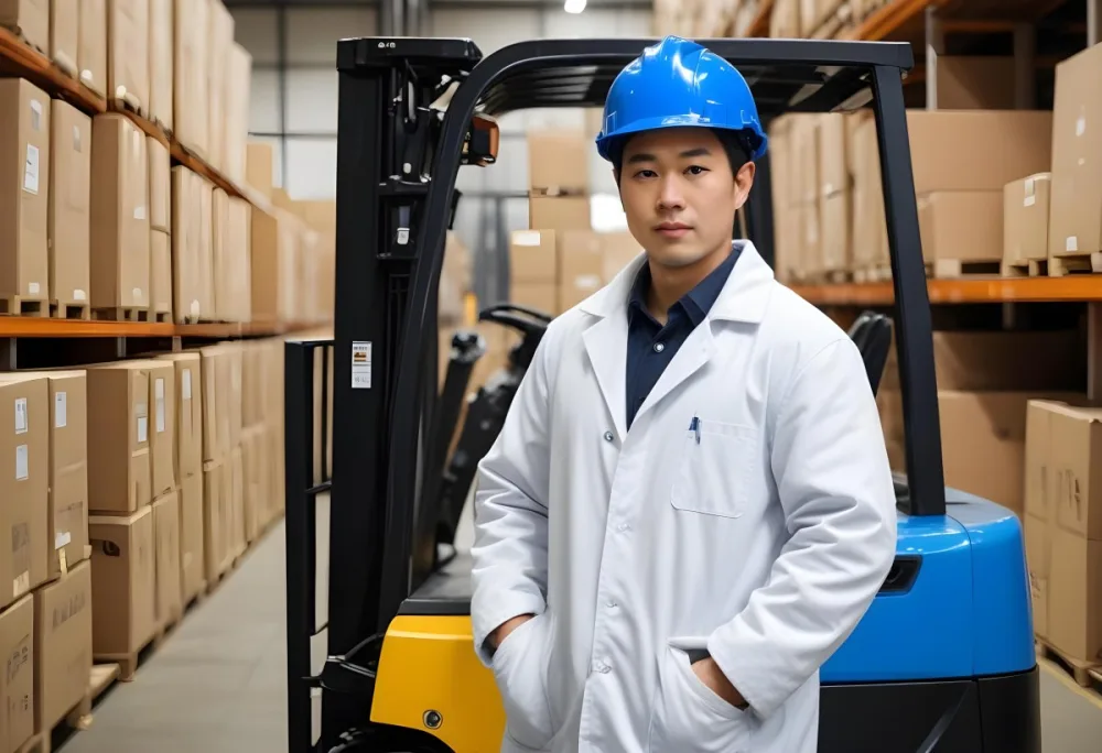 An Asian Man With A Blue Helmet And A White Coat In A Warehouse A Forklift With A Person Is In The Background 6 C1e8