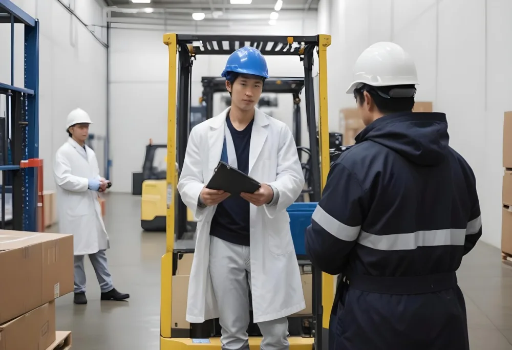 An Asian Man With A Blue Helmet And A White Coat In A Warehouse A Forklift With A Person Is In The Background 7 0196