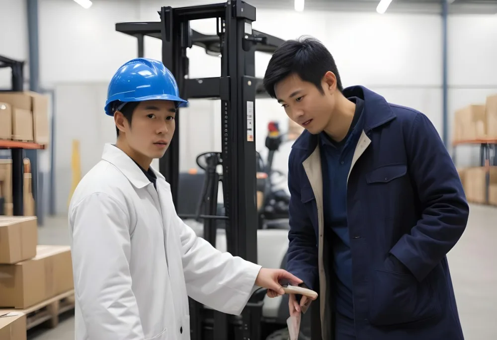 An Asian Man With A Blue Helmet And A White Coat In A Warehouse A Forklift With A Person Is In The Background 8 2d02