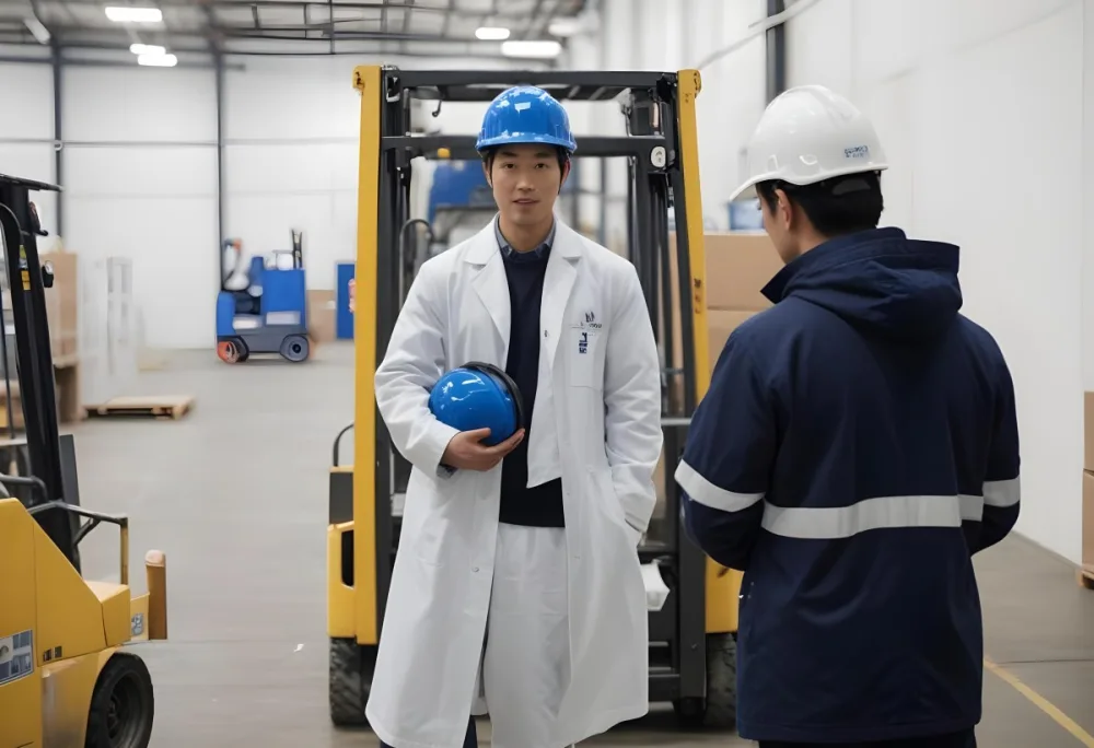An Asian Man With A Blue Helmet And A White Coat In A Warehouse A Forklift With A Person Is In The Background 9 1236