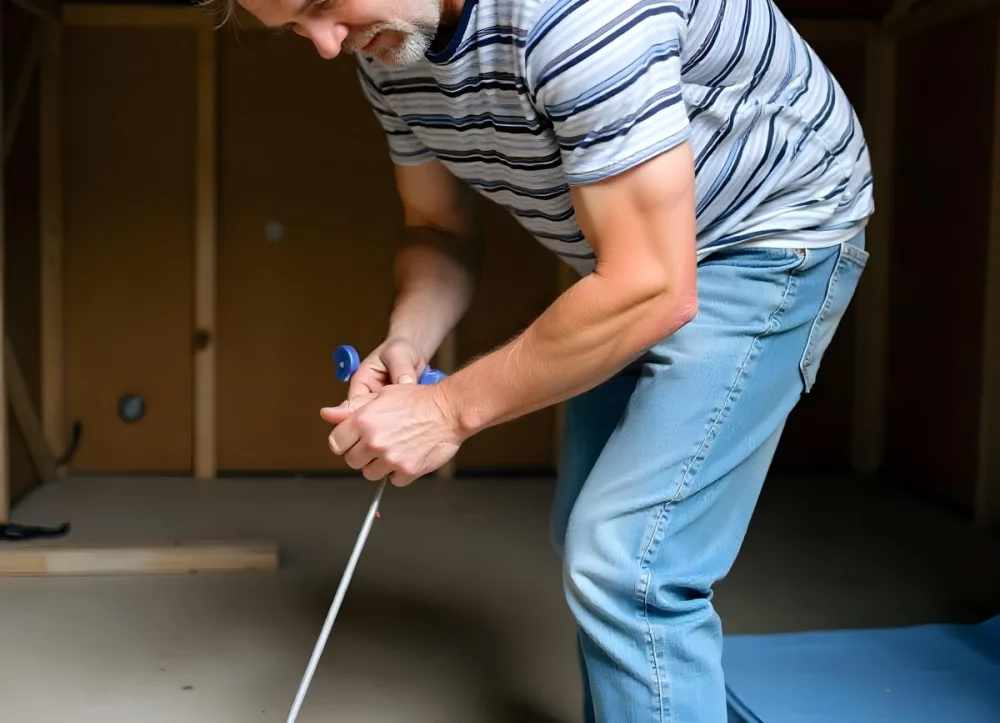 An Elderly Caucasian Man With Gray Hair And Glasses Wearing A Striped Shirt Sitting On A Wooden Floor And Working On A Construction Project 1 F07f