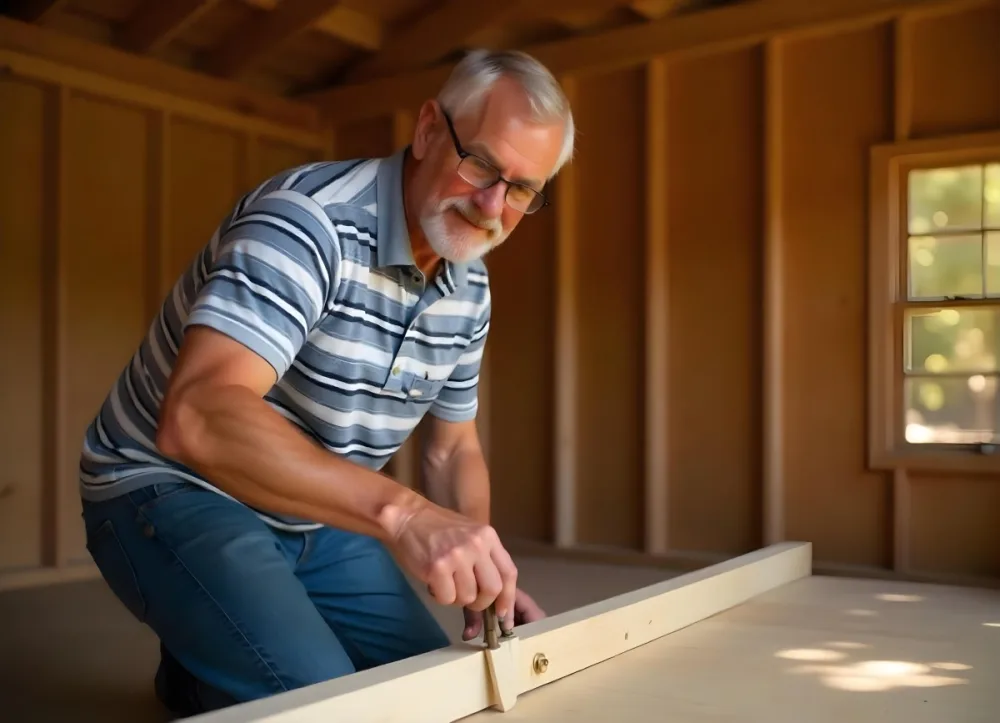 An Elderly Caucasian Man With Gray Hair And Glasses Wearing A Striped Shirt Sitting On A Wooden Floor And Working On A Construction Project 2 8c3c