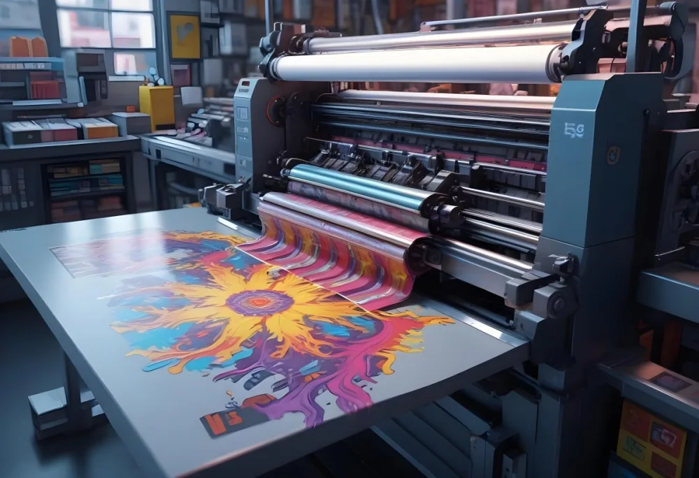 An Offset Printing Machine In Operation With Vibrant Colors And Intricate Details Set Against A Backdrop Of A Busy Print Shop 1 95aa