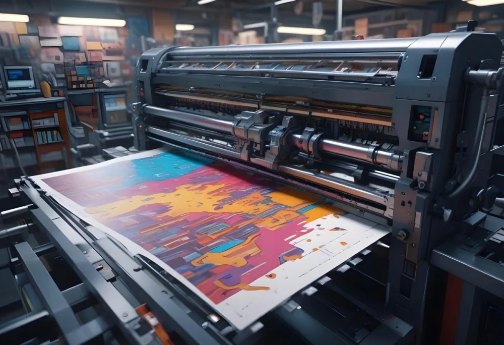 An Offset Printing Machine In Operation With Vibrant Colors And Intricate Details Set Against A Backdrop Of A Busy Print Shop 12 7804