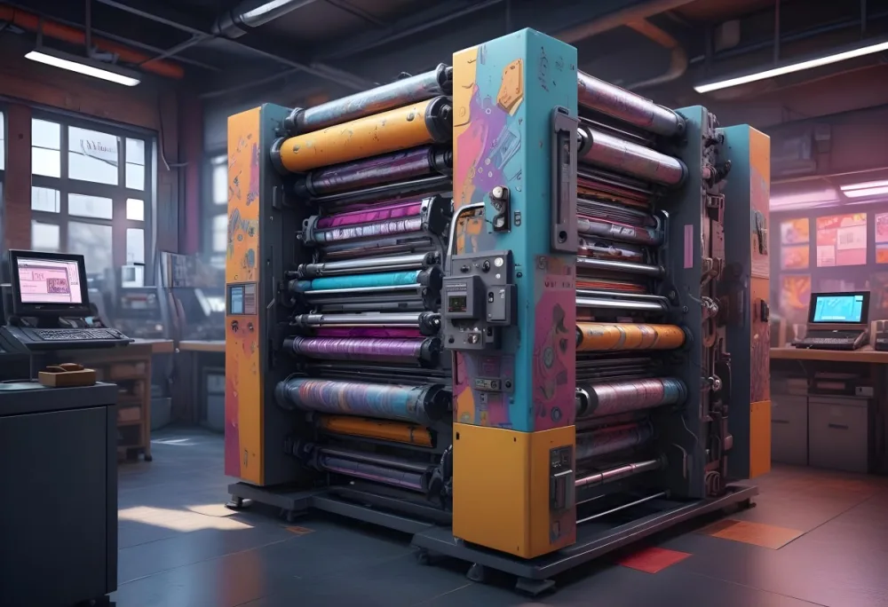 An Offset Printing Machine In Operation With Vibrant Colors And Intricate Details Set Against A Backdrop Of A Busy Print Shop 15 Ec30