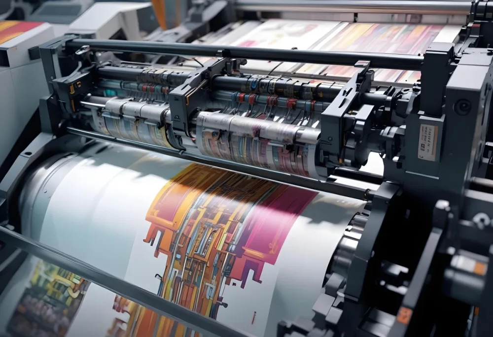 An Offset Printing Machine In Operation With Vibrant Colors And Intricate Details Set Against A Backdrop Of A Busy Print Shop 18 73c9