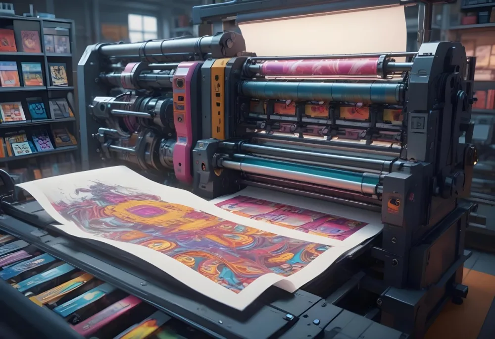 An Offset Printing Machine In Operation With Vibrant Colors And Intricate Details Set Against A Backdrop Of A Busy Print Shop 2 47e8