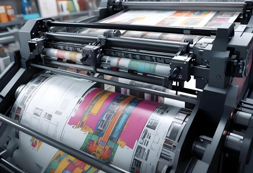 An Offset Printing Machine In Operation With Vibrant Colors And Intricate Details Set Against A Backdrop Of A Busy Print Shop 21 3939