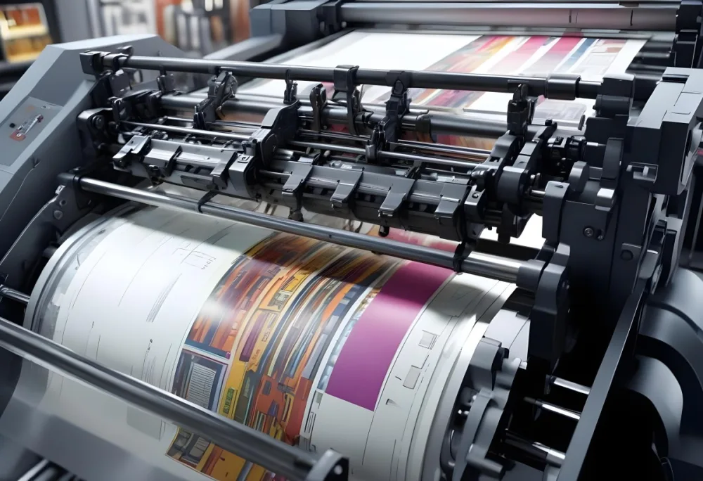 An Offset Printing Machine In Operation With Vibrant Colors And Intricate Details Set Against A Backdrop Of A Busy Print Shop 22 66ad