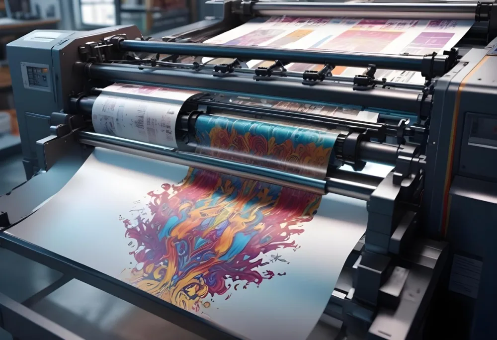 An Offset Printing Machine In Operation With Vibrant Colors And Intricate Details Set Against A Backdrop Of A Busy Print Shop 3 5117