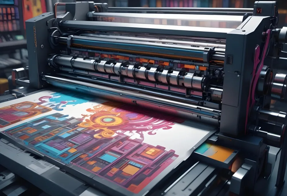 An Offset Printing Machine In Operation With Vibrant Colors And Intricate Details Set Against A Backdrop Of A Busy Print Shop 5 7049