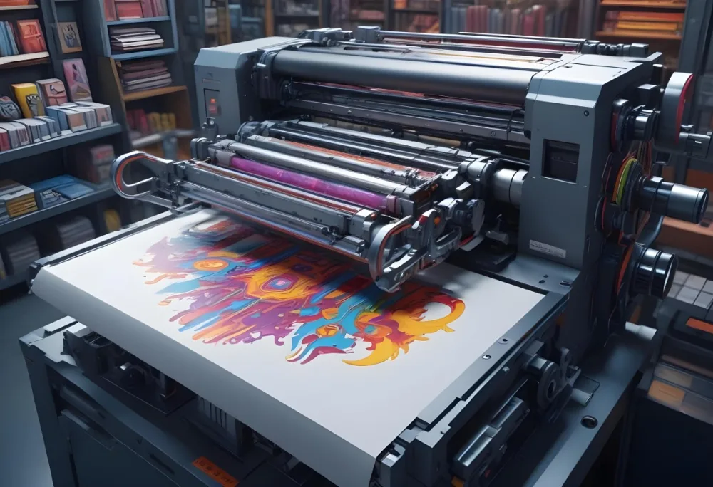 An Offset Printing Machine In Operation With Vibrant Colors And Intricate Details Set Against A Backdrop Of A Busy Print Shop 6 Fbfd