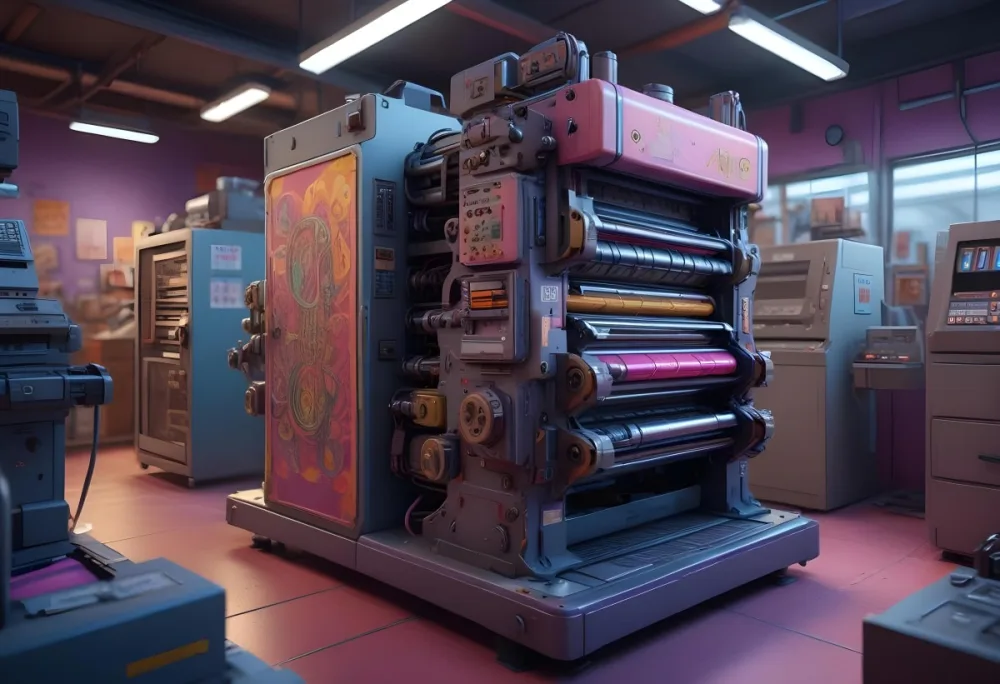 An Offset Printing Machine In Operation With Vibrant Colors And Intricate Details Set Against A Backdrop Of A Busy Print Shop 7 8b71