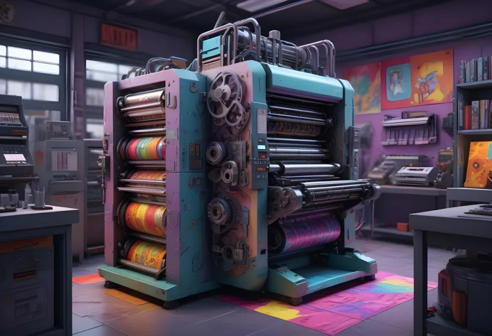 An Offset Printing Machine In Operation With Vibrant Colors And Intricate Details Set Against A Backdrop Of A Busy Print Shop 8 1e2f