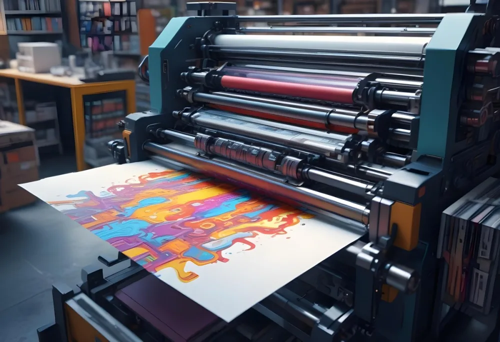 An Offset Printing Machine In Operation With Vibrant Colors And Intricate Details Set Against A Backdrop Of A Busy Print Shop 9 51e4