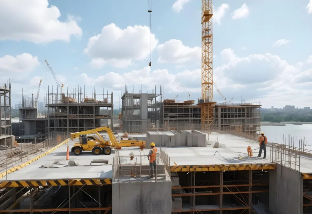 Construction Site With A Crane Concrete Structure Scaffolding And Construction Materials Under A Cloudy Sky Construction Workers Are Visible 1 1a80