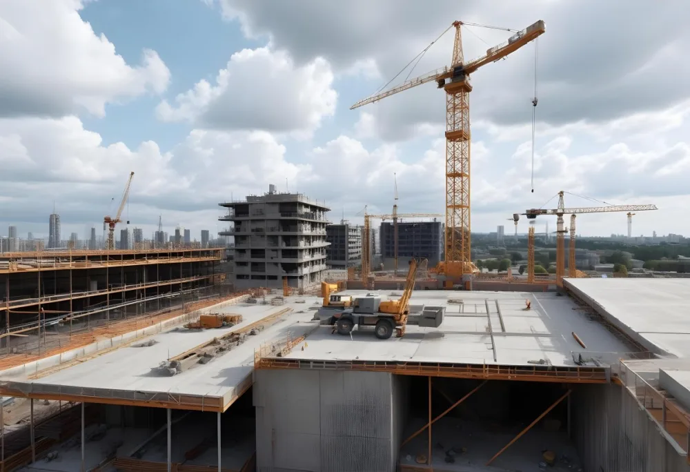 Construction Site With A Crane Concrete Structure Scaffolding And Construction Materials Under A Cloudy Sky Construction Workers Are Visible 10 E36a
