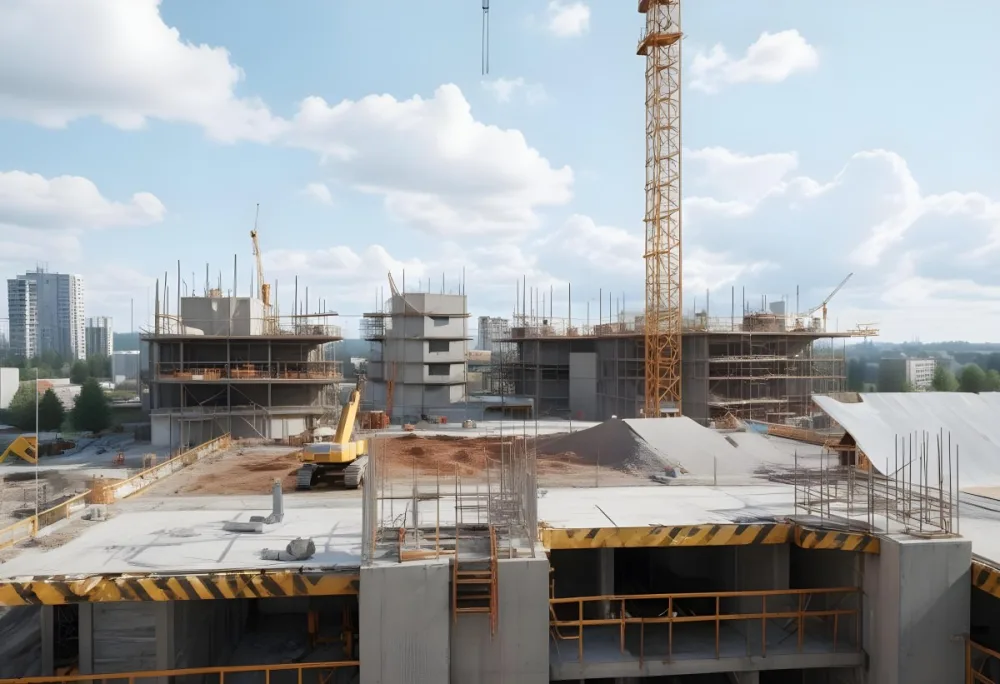 Construction Site With A Crane Concrete Structure Scaffolding And Construction Materials Under A Cloudy Sky Construction Workers Are Visible 13 A964