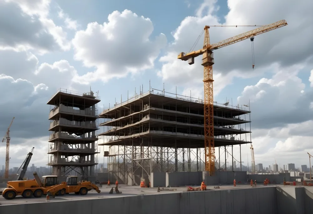 Construction Site With A Crane Concrete Structure Scaffolding And Construction Materials Under A Cloudy Sky Construction Workers Are Visible 14 F75f